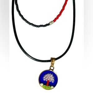 Murano glass blue tree of life pendant on cord & Black red beaded Necklace set